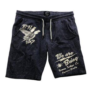 Being Human Mens Sweatshorts Medium 32 Graphic Pull On Drawstring Navy Casual